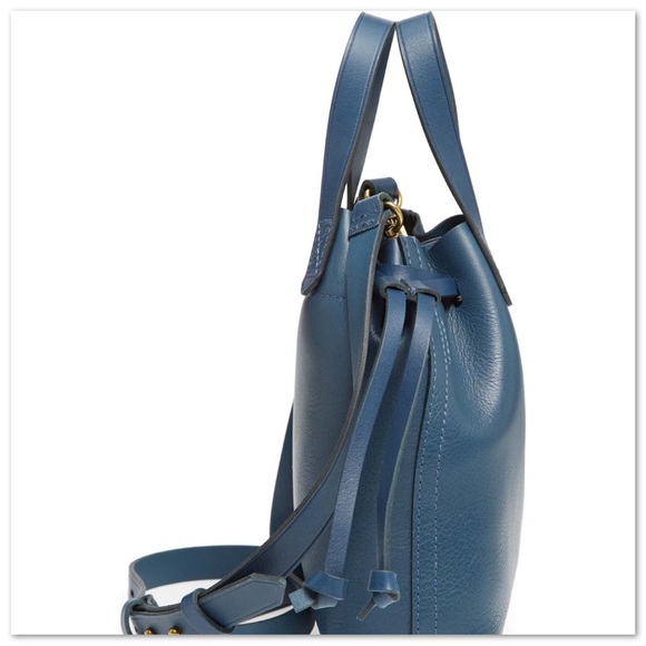 Madewell Blue Leather Crossbody Drawstring Bucket Mini Transport Bag - Picture 3 of 11